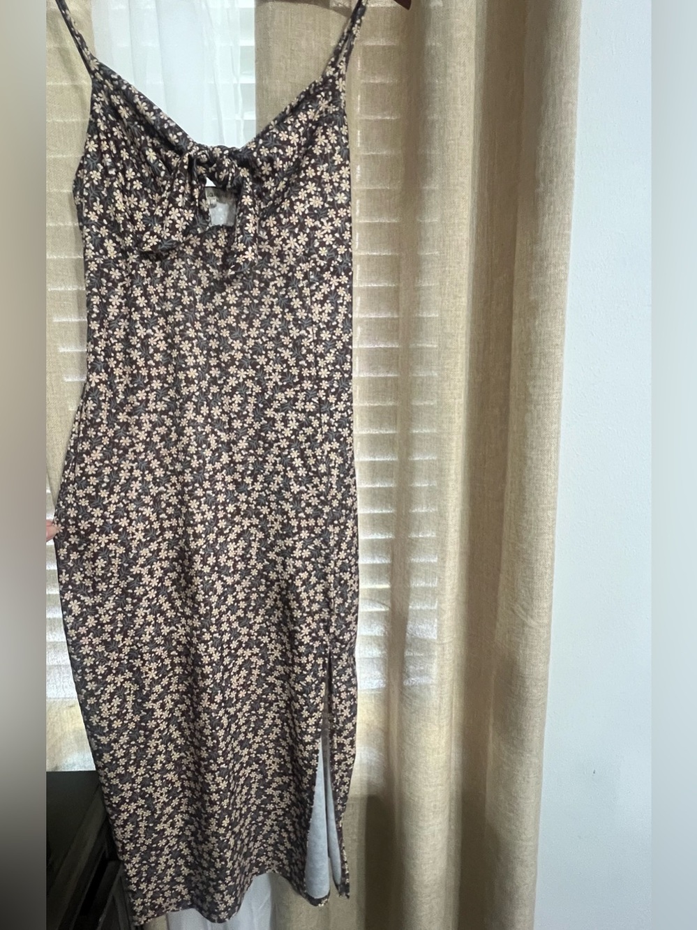 Floral Tie-Front Midi Slip Dress in Black and Cream